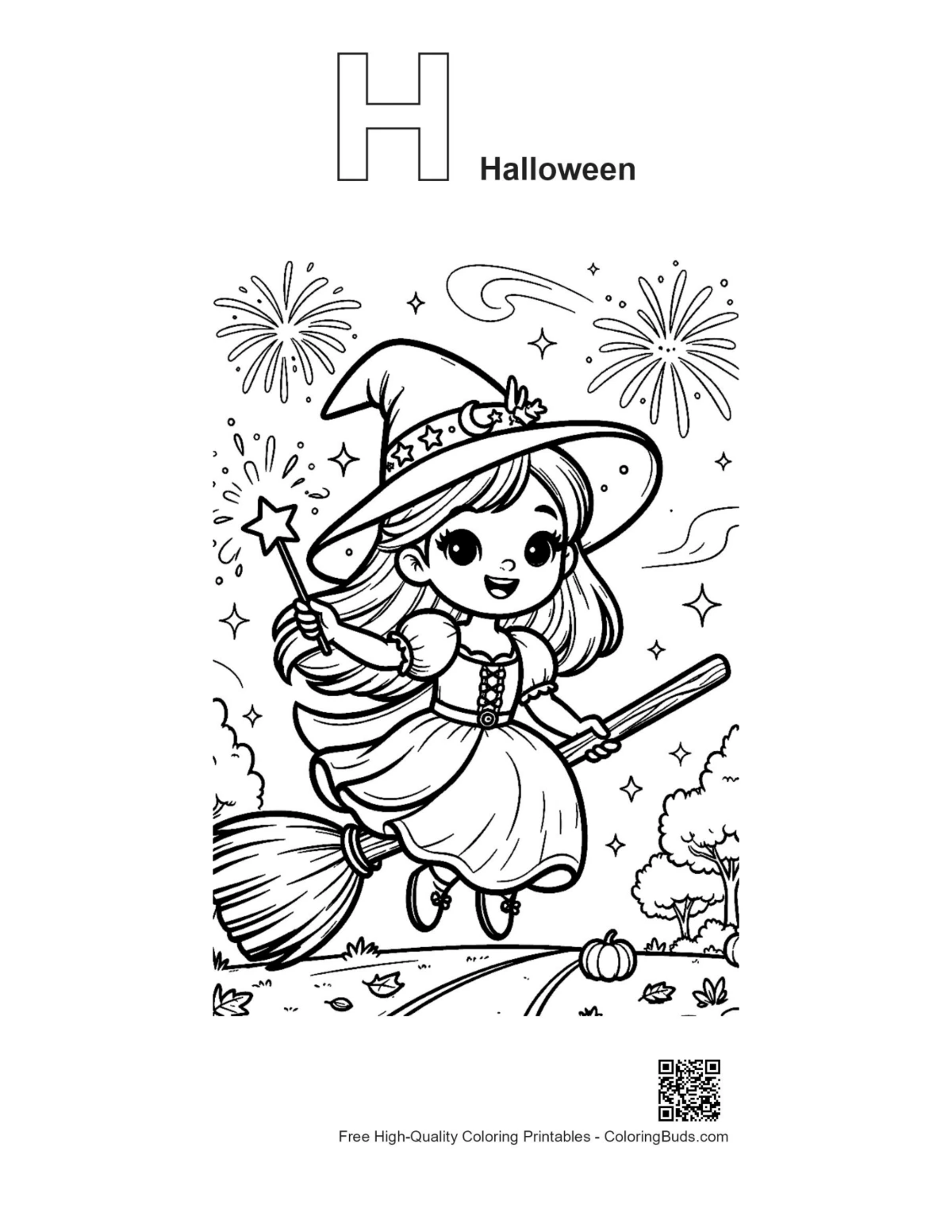 Young witch Halloween H alphabet outline coloring printable