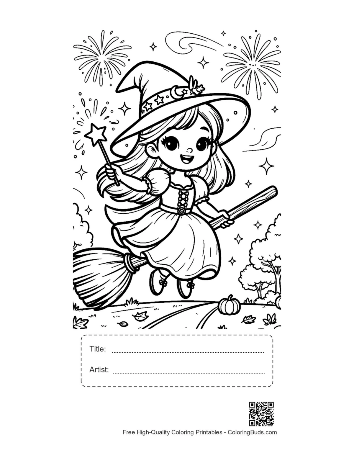 Young witch coloring page with title artist box pumpkin field