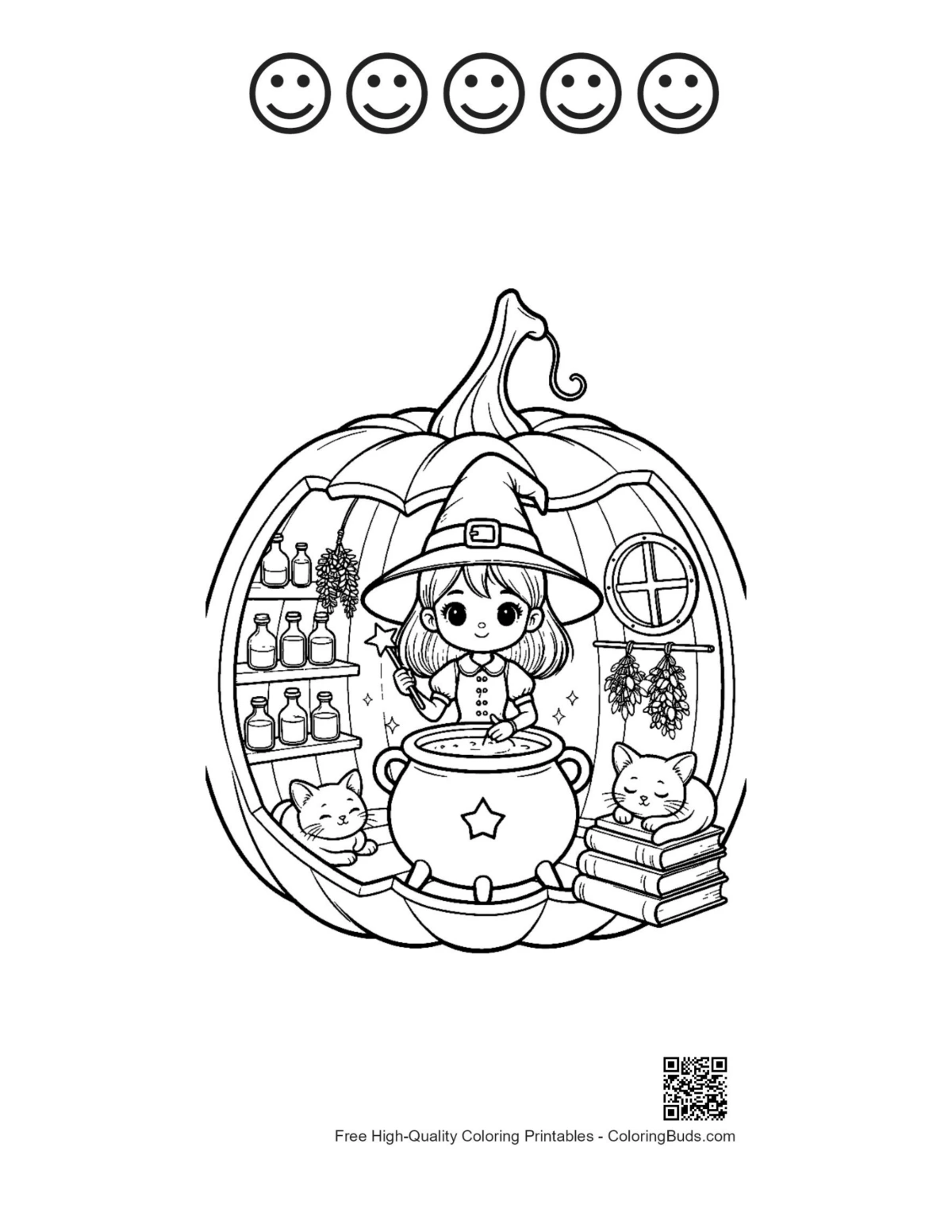 Young witch coloring page 5 happy face outline