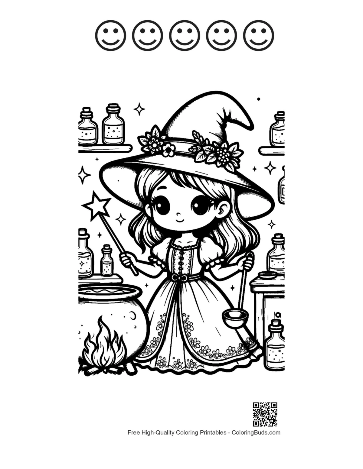 Young witch coloring with happy face outlines