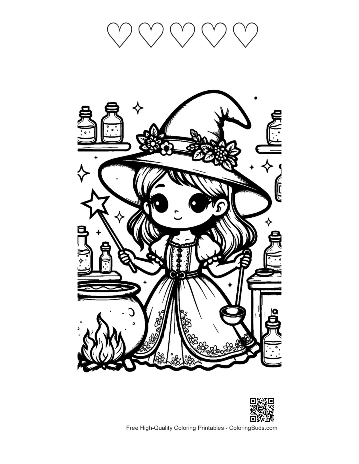 Young witch printable with 5 heart outlines