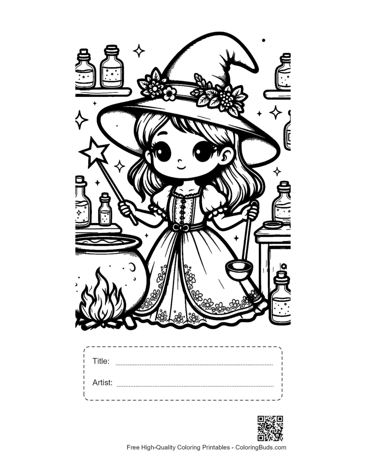 Young witch cauldron printable with title box