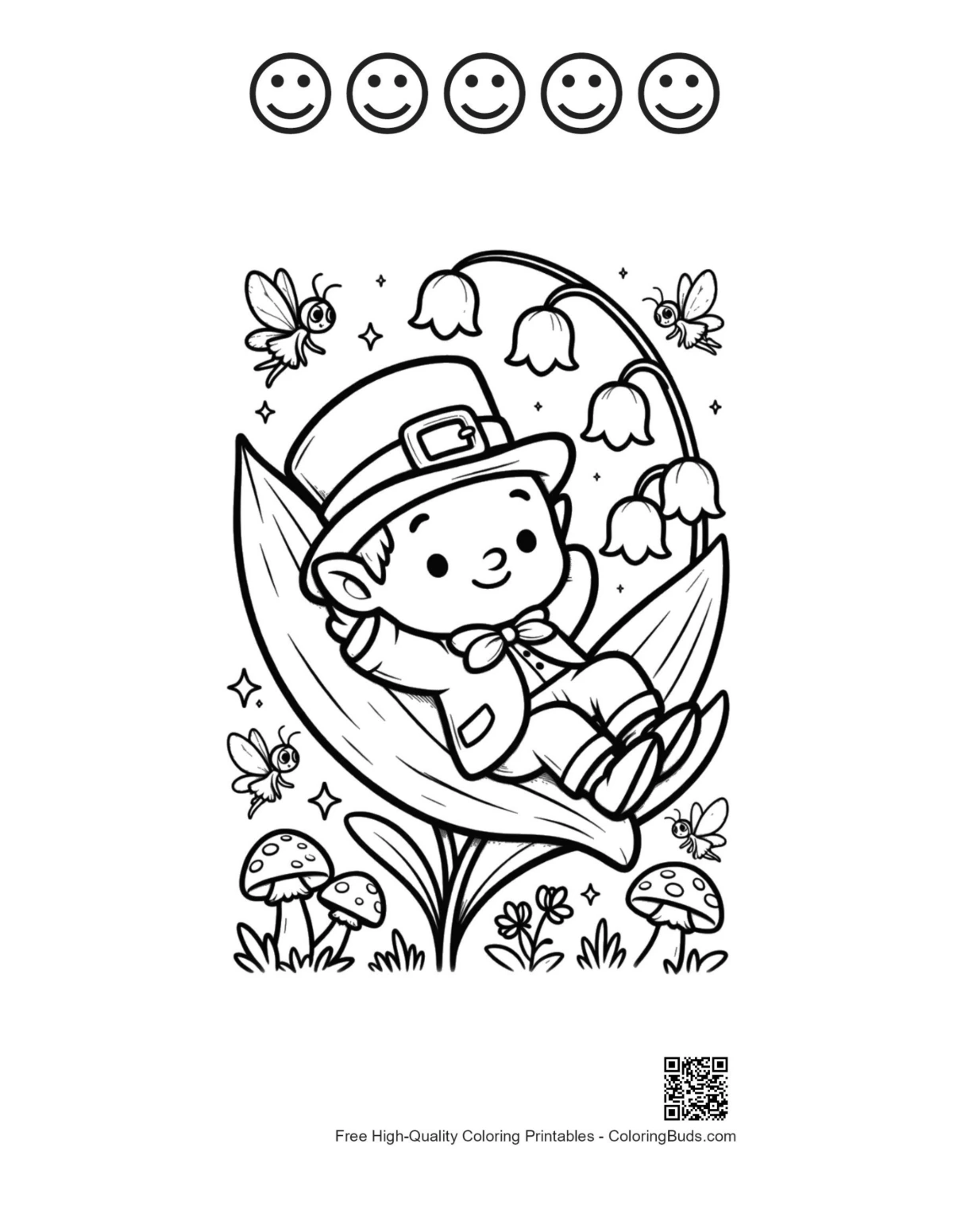 Baby leprechaun nap page with 5 happy faces