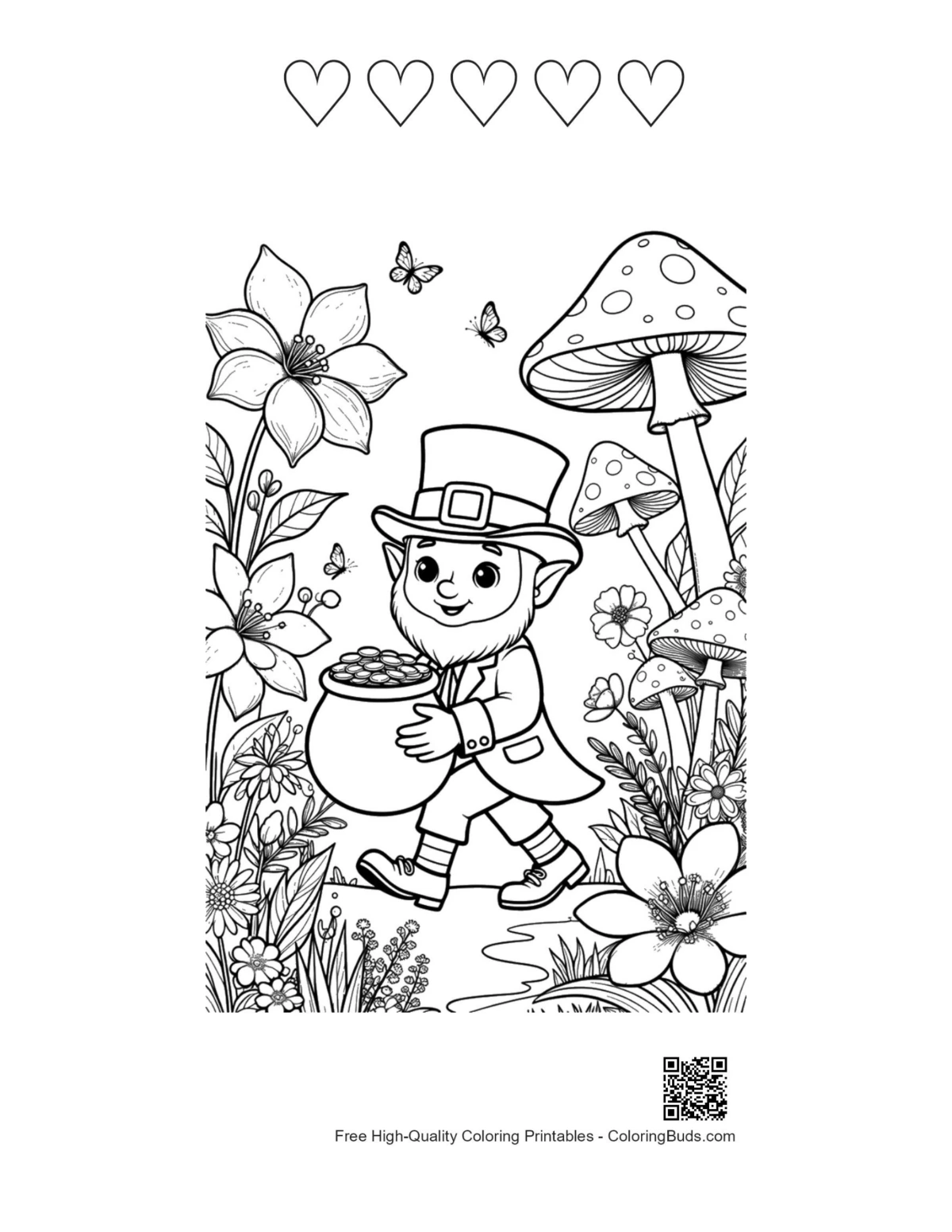 Leprechaun boy clover pot with 5 heart outlines coloring page