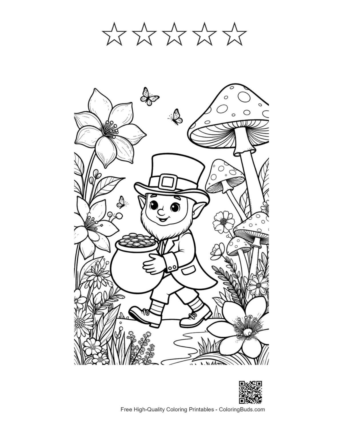 Leprechaun boy gold pot with 5 star outlines printable