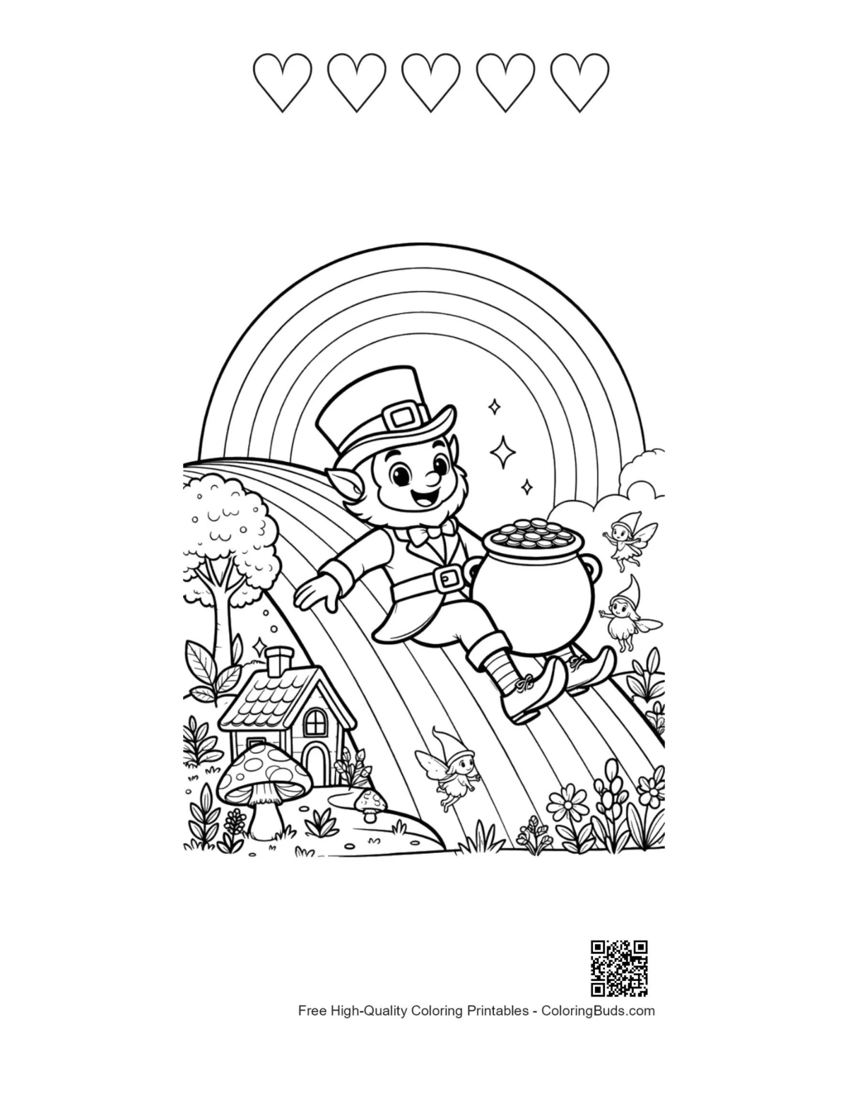 Leprechaun coloring sheet with 5 heart outlines