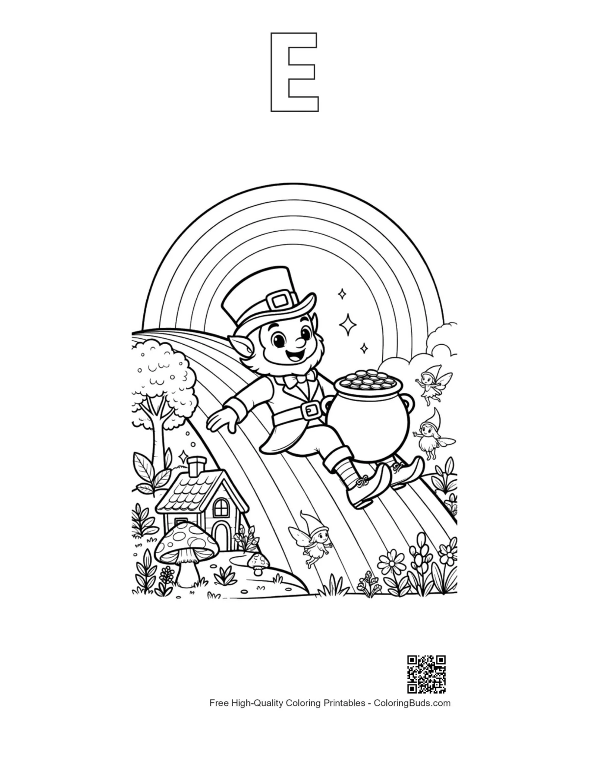 Leprechaun coloring page with alphabet E outline