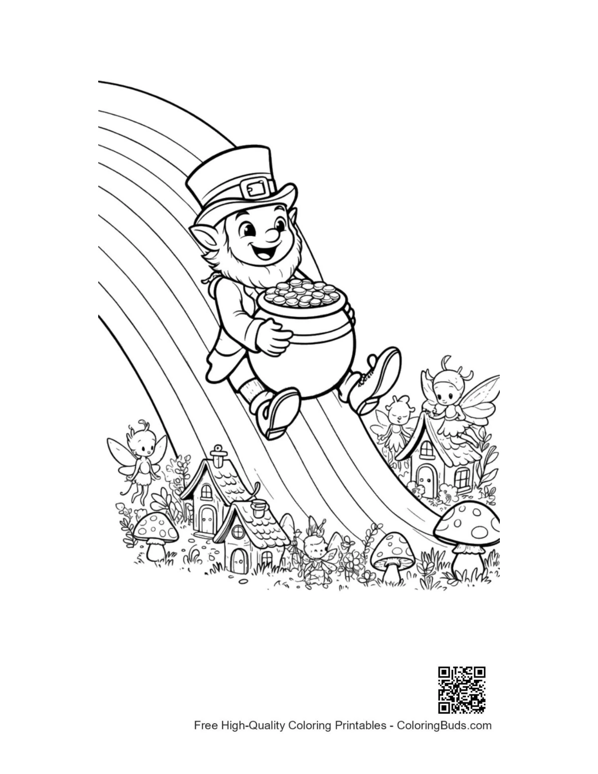 Excited leprechaun riding rainbow beam coloring page