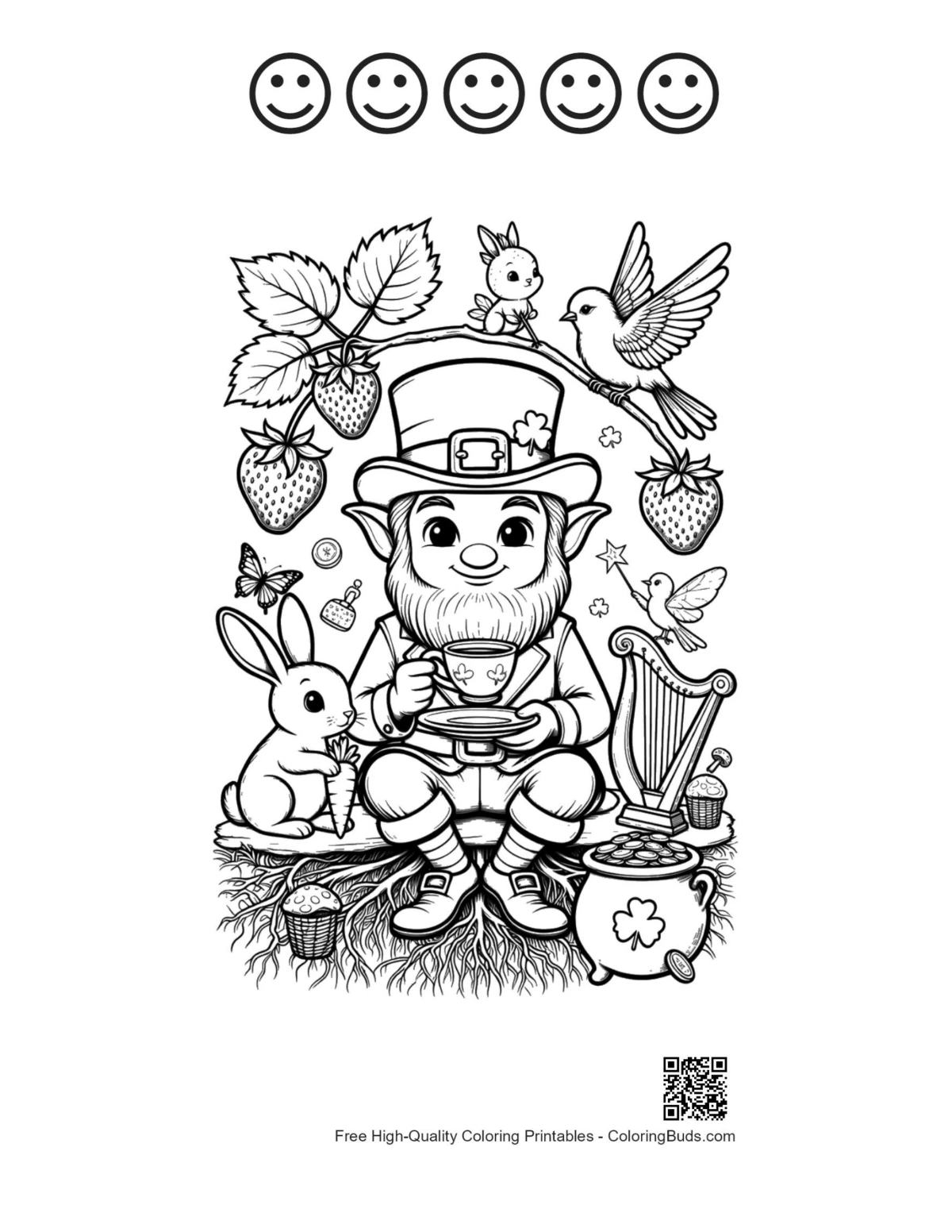 Leprechaun sheet with 5 happy faces outline