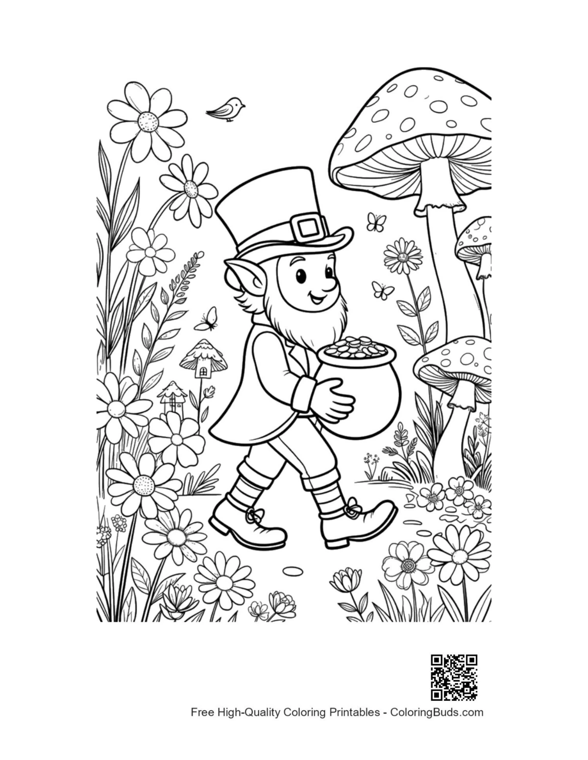 Friendly leprechaun near mushroom houses coloring printable