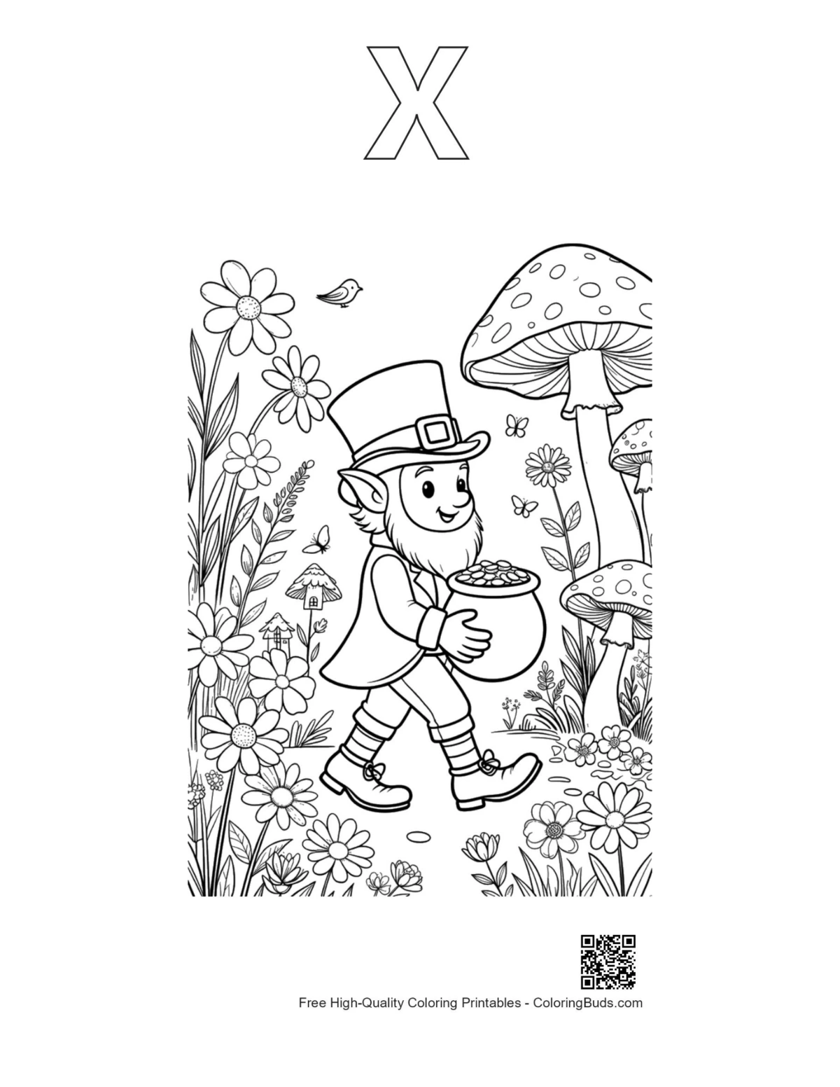Leprechaun coloring page with alphabet X outline