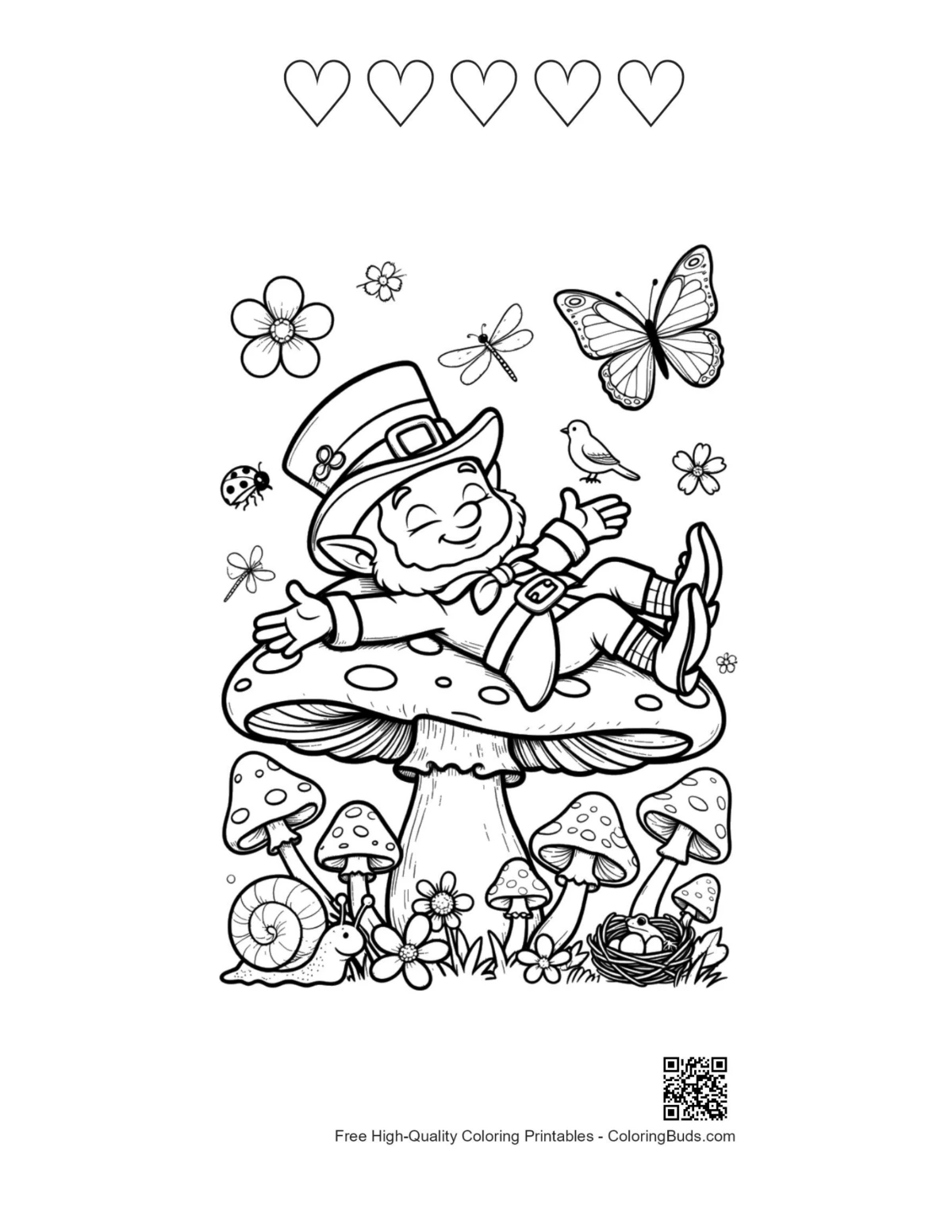 Lazy leprechaun with 5 hearts toadstool printable
