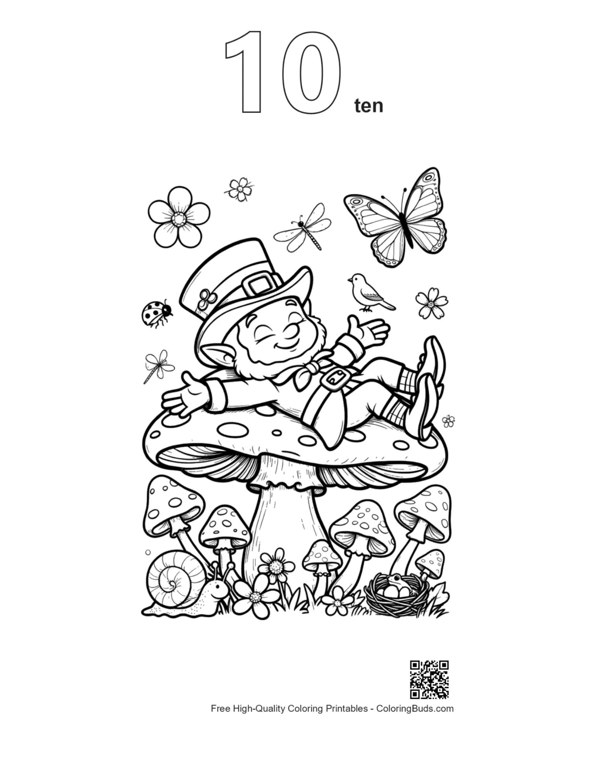 Lazy leprechaun toadstool outline number 10 printable