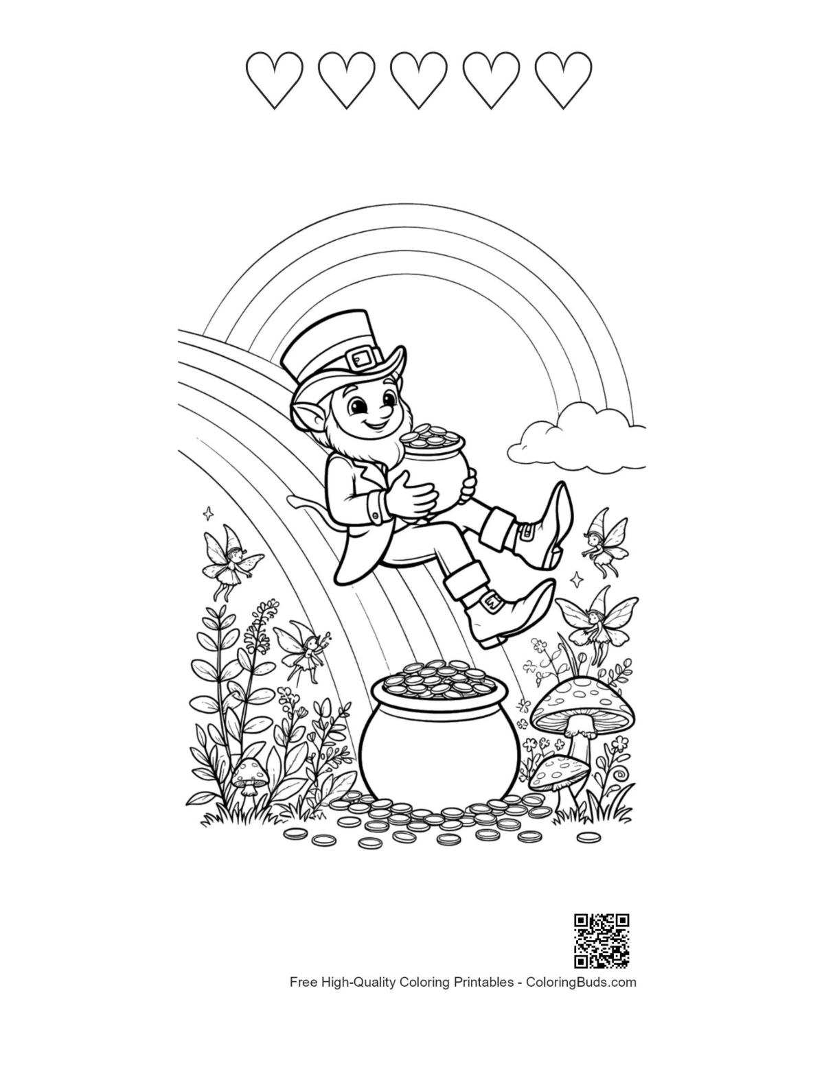 Leprechaun rainbow with 5 hearts outline