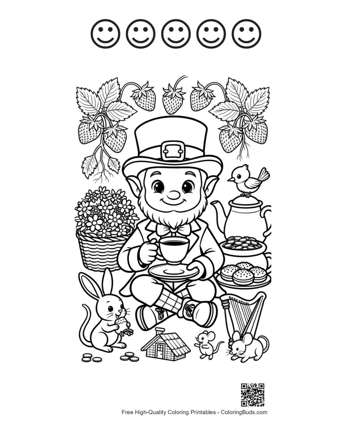 Leprechaun with 5 happy face outlines kids printable