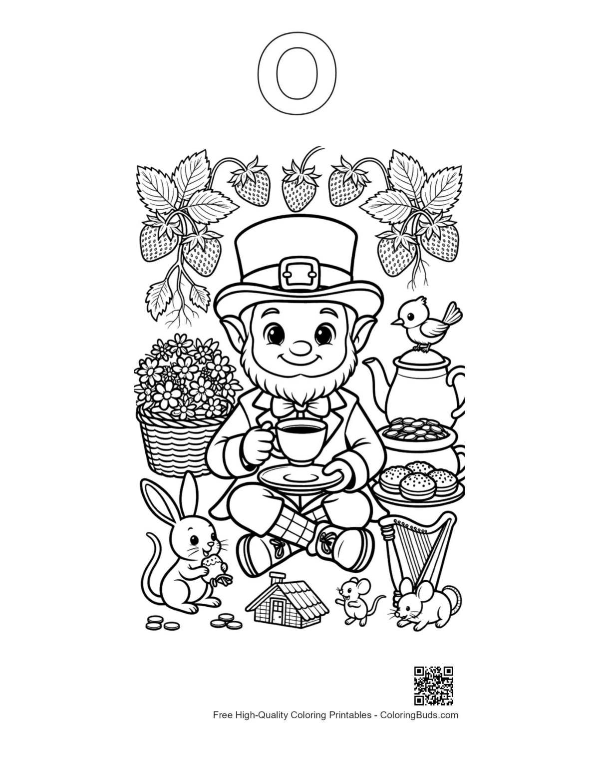Leprechaun outline with alphabet O printable for kids