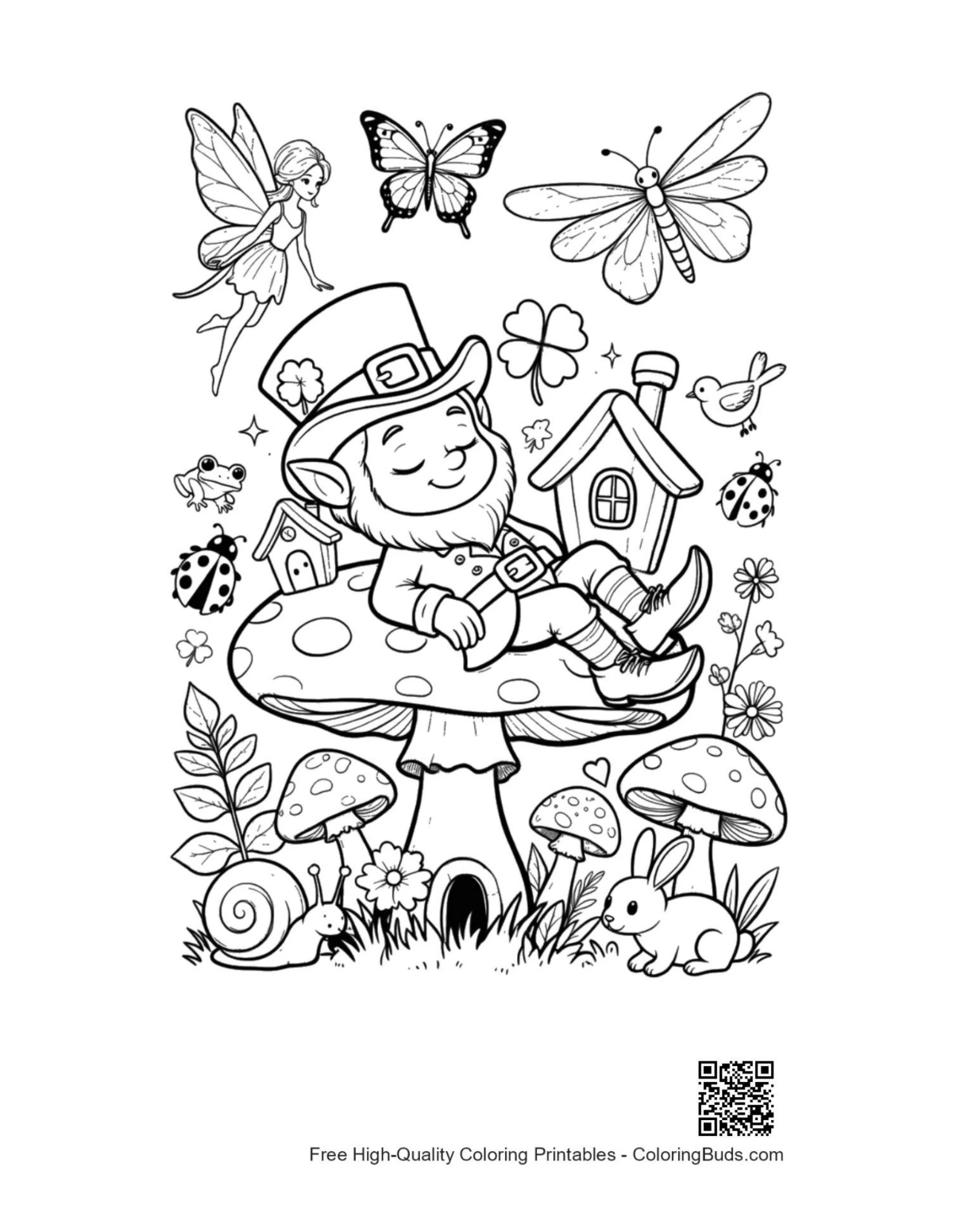 Leprechaun on mushroom near birdhouse coloring printable