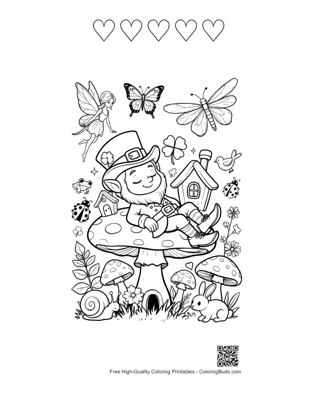 Leprechaun on mushroom 5-heart outline birdhouse printable