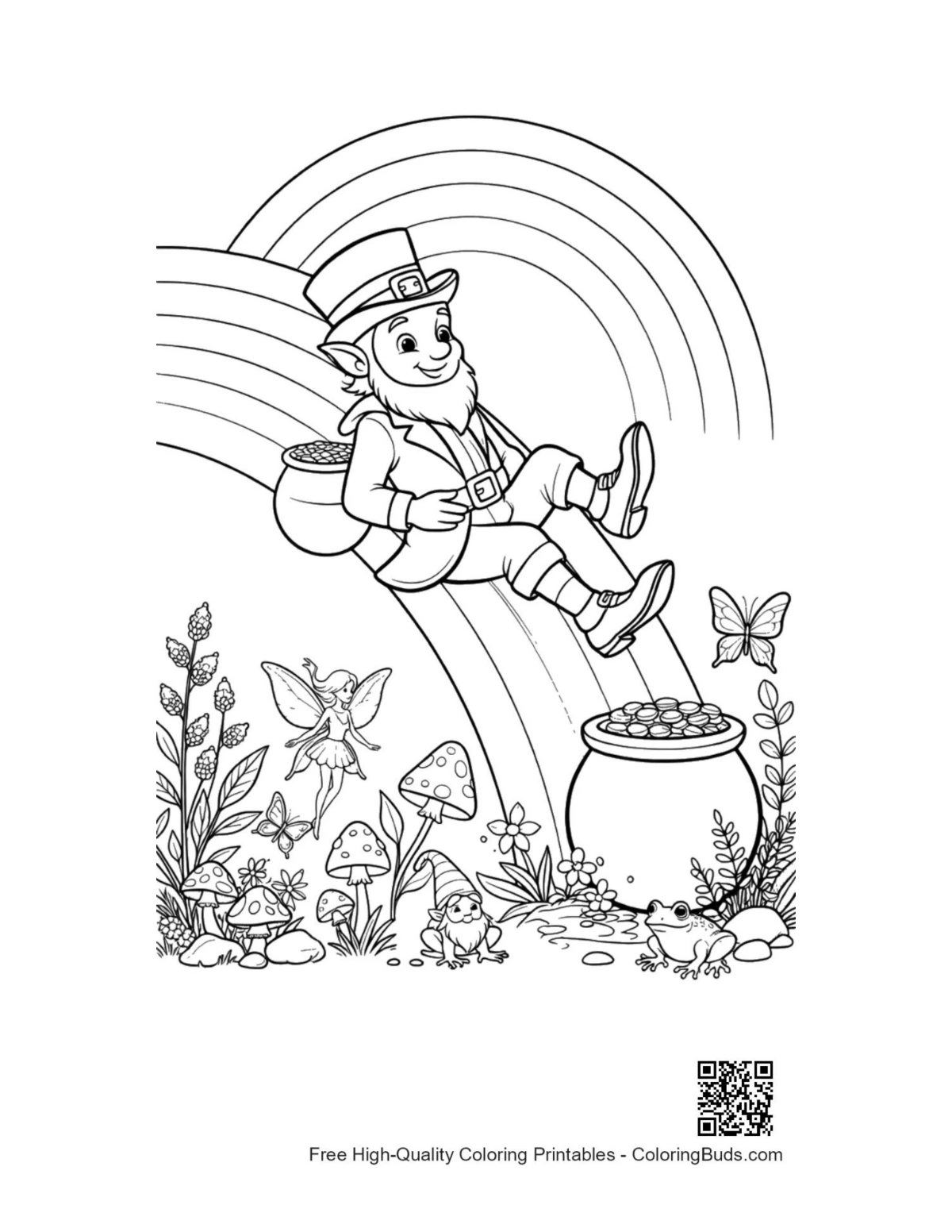 Leprechaun sliding down rainbow into gold printable
