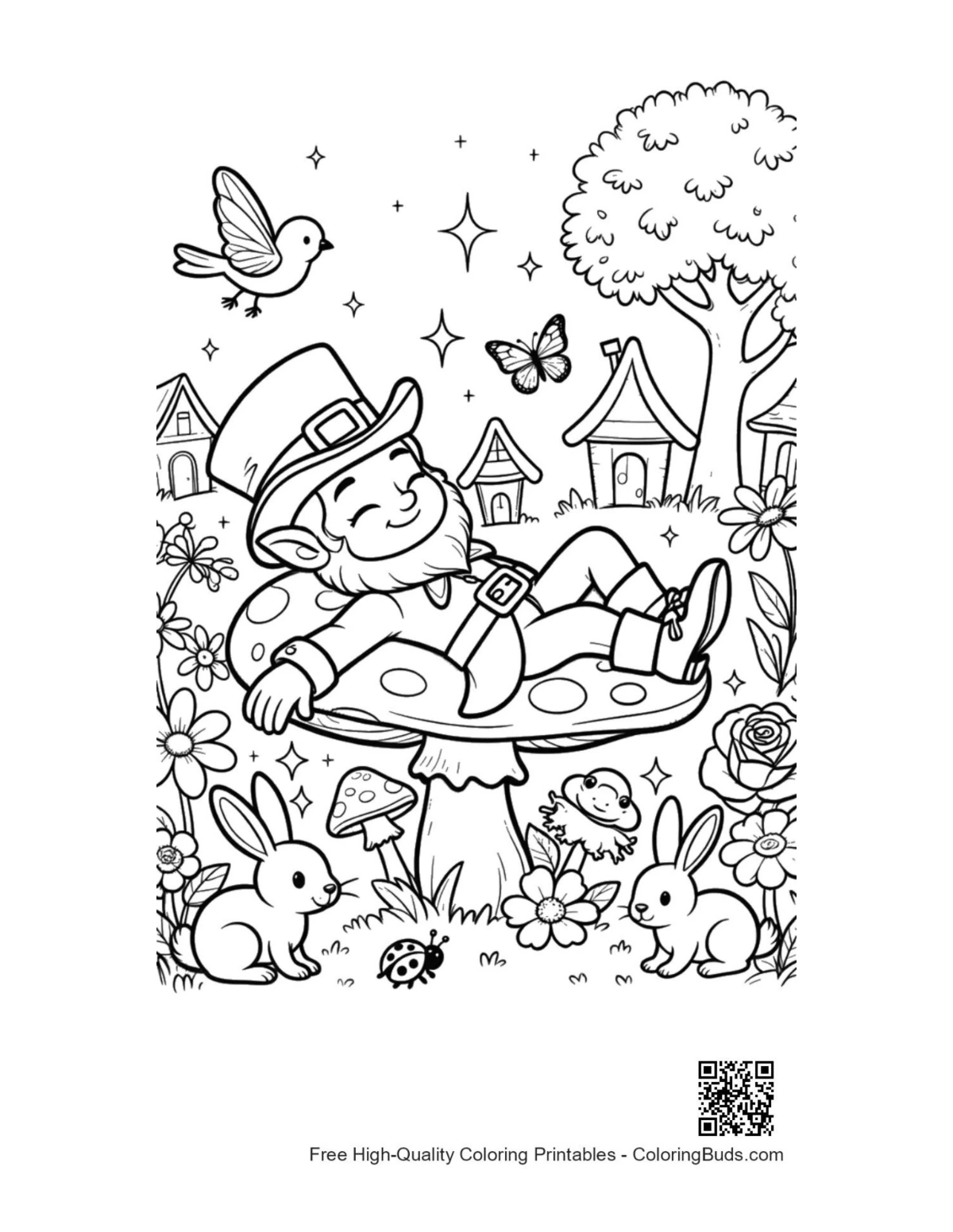 Leprechaun watching butterflies fantasy garden printable