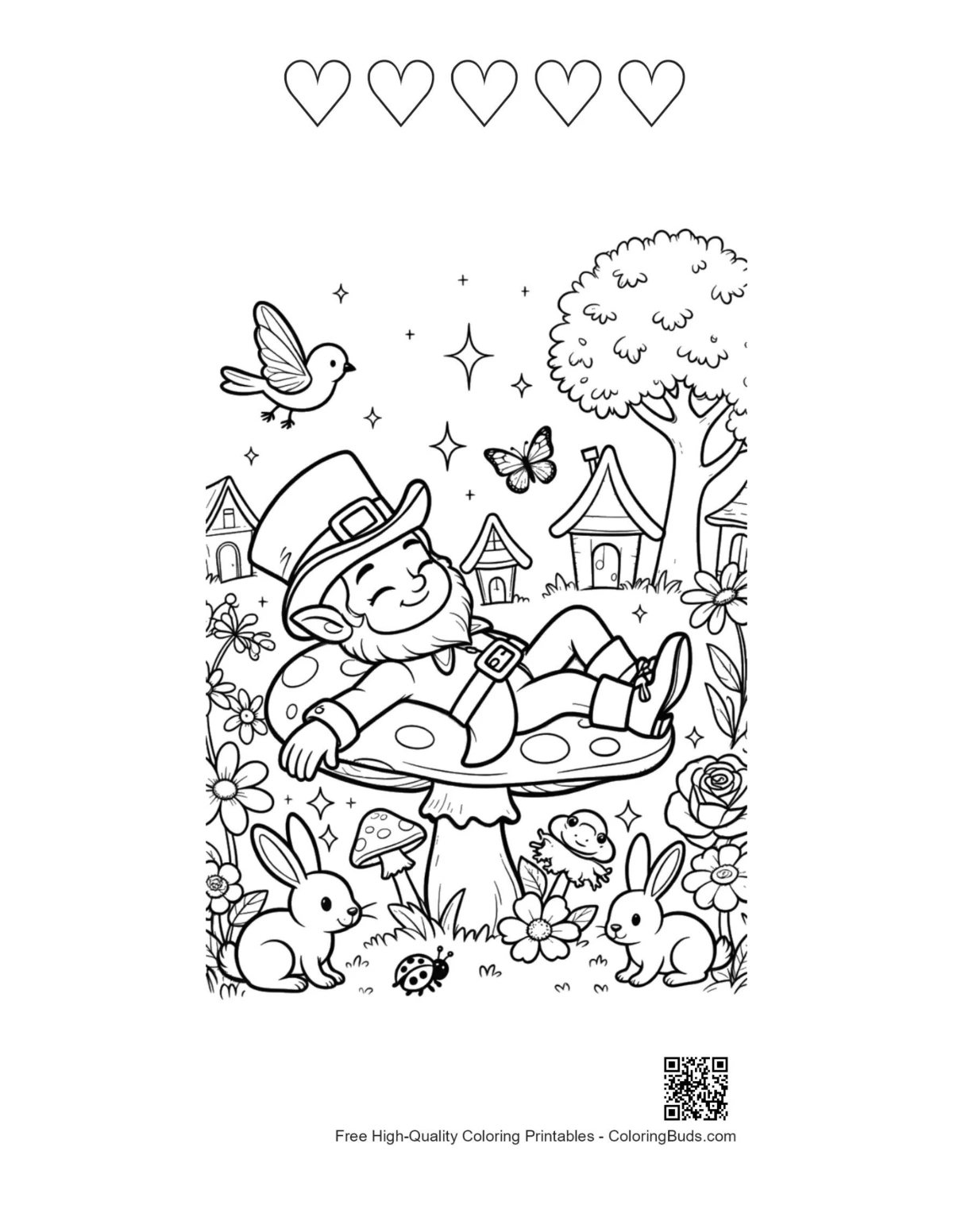 Leprechaun fantasy garden with 5 heart outlines