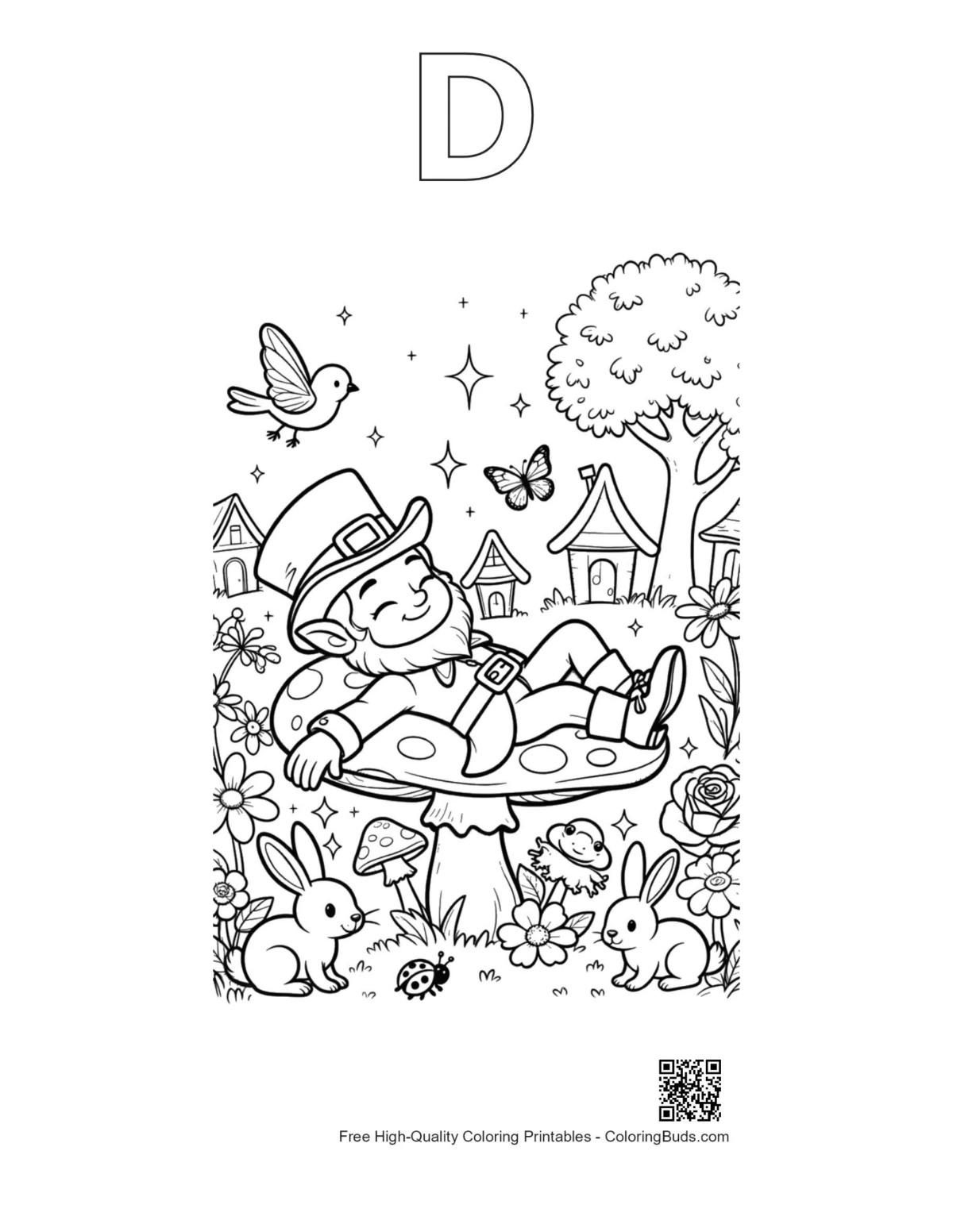 Leprechaun fantasy garden outline alphabet D printable