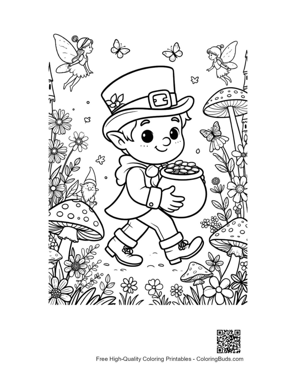 Little leprechaun finding gold coins under tree printable