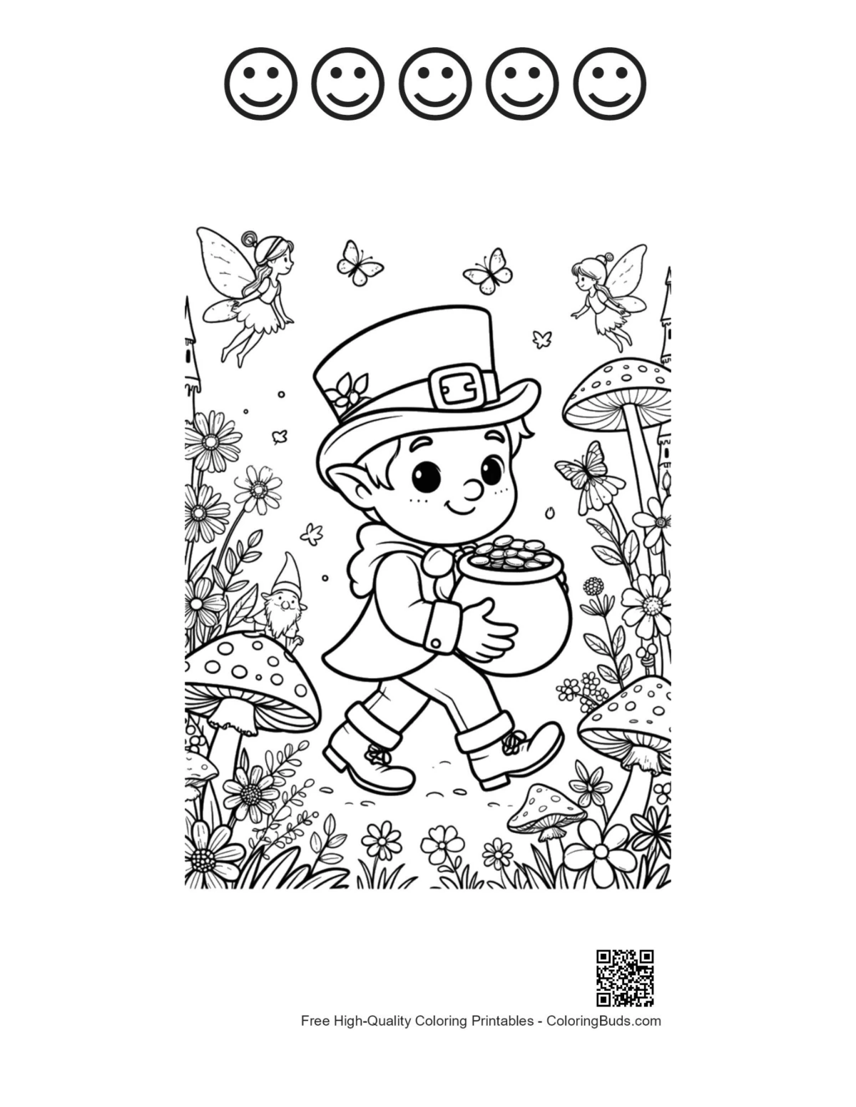 Leprechaun printable with 5 happy faces gold coins