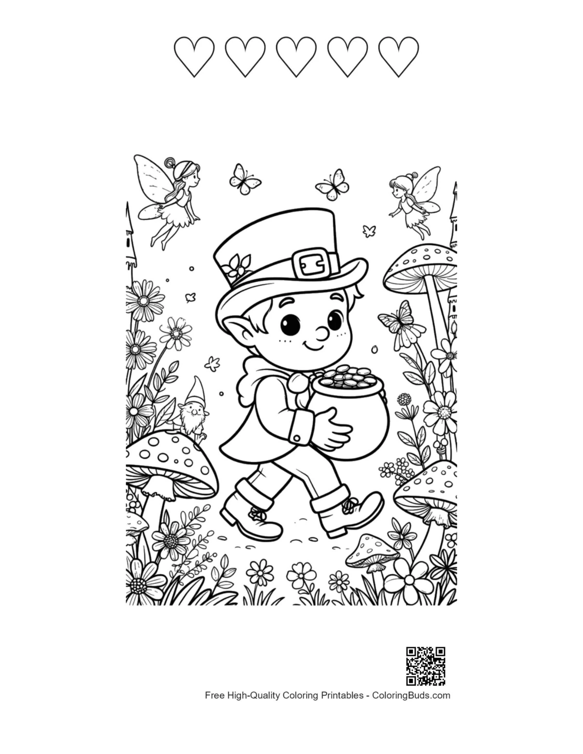 Leprechaun tree gold coins with 5 heart outlines