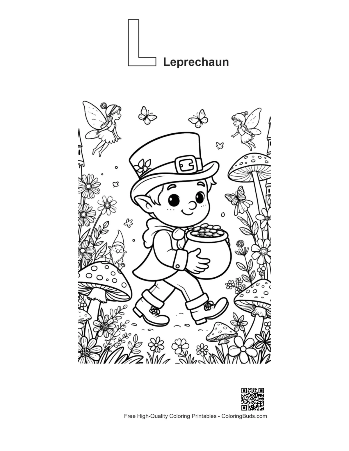 Leprechaun outline with alphabet L gold coins printable