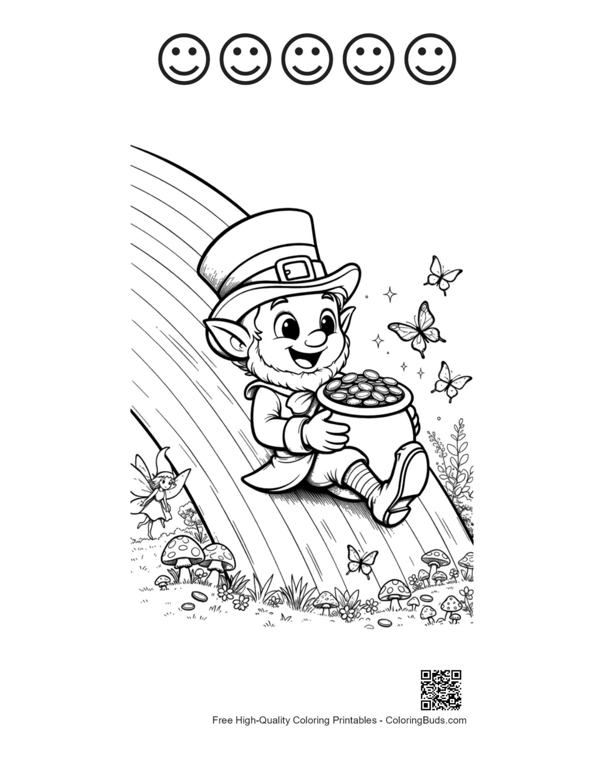 Lucky leprechaun printable with 5 happy faces outline