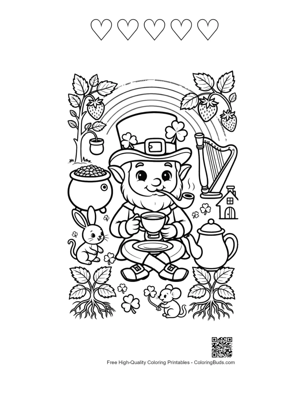 Leprechaun music teapot with 5 heart outlines printable