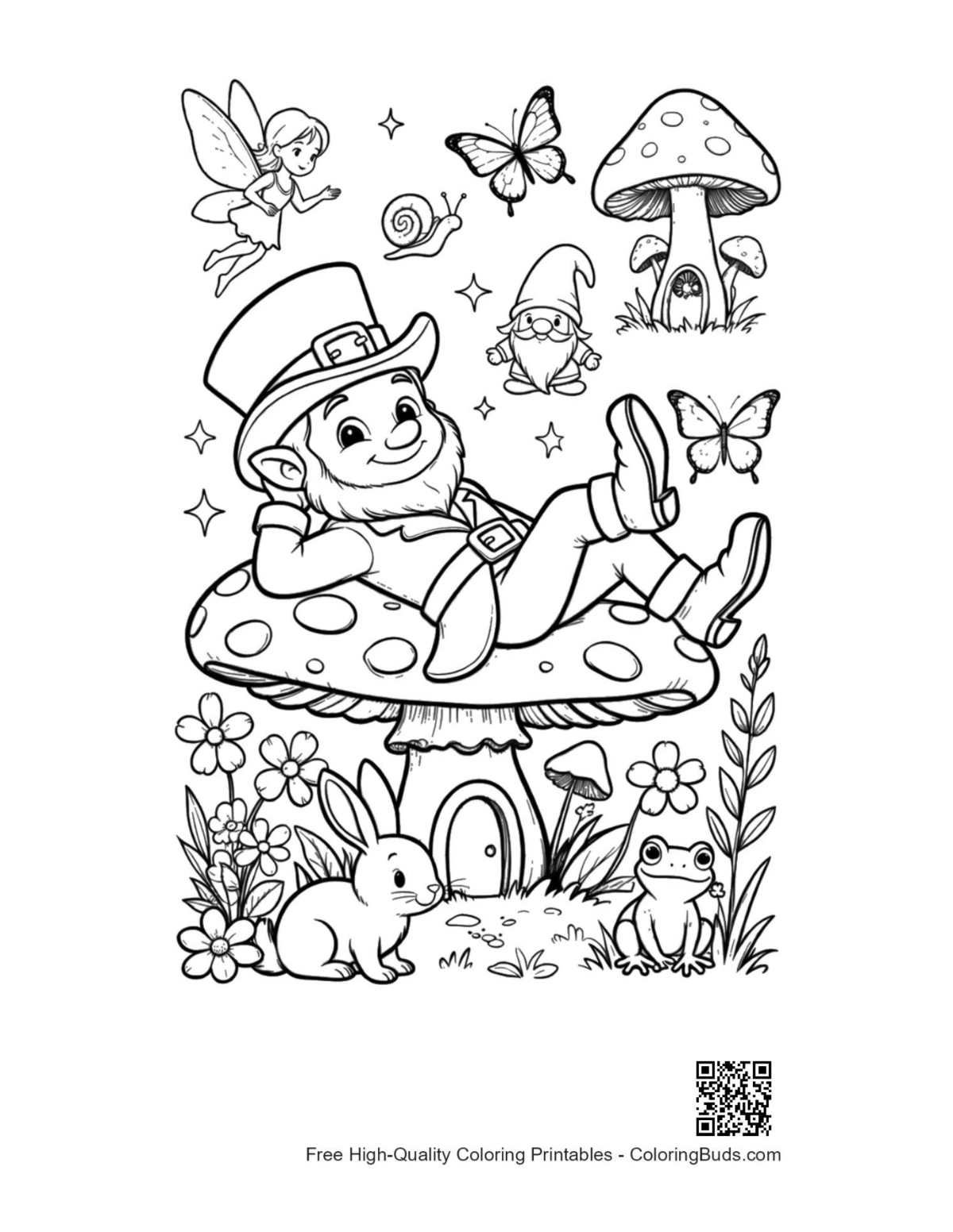Leprechaun relaxing with garden bunnies printable