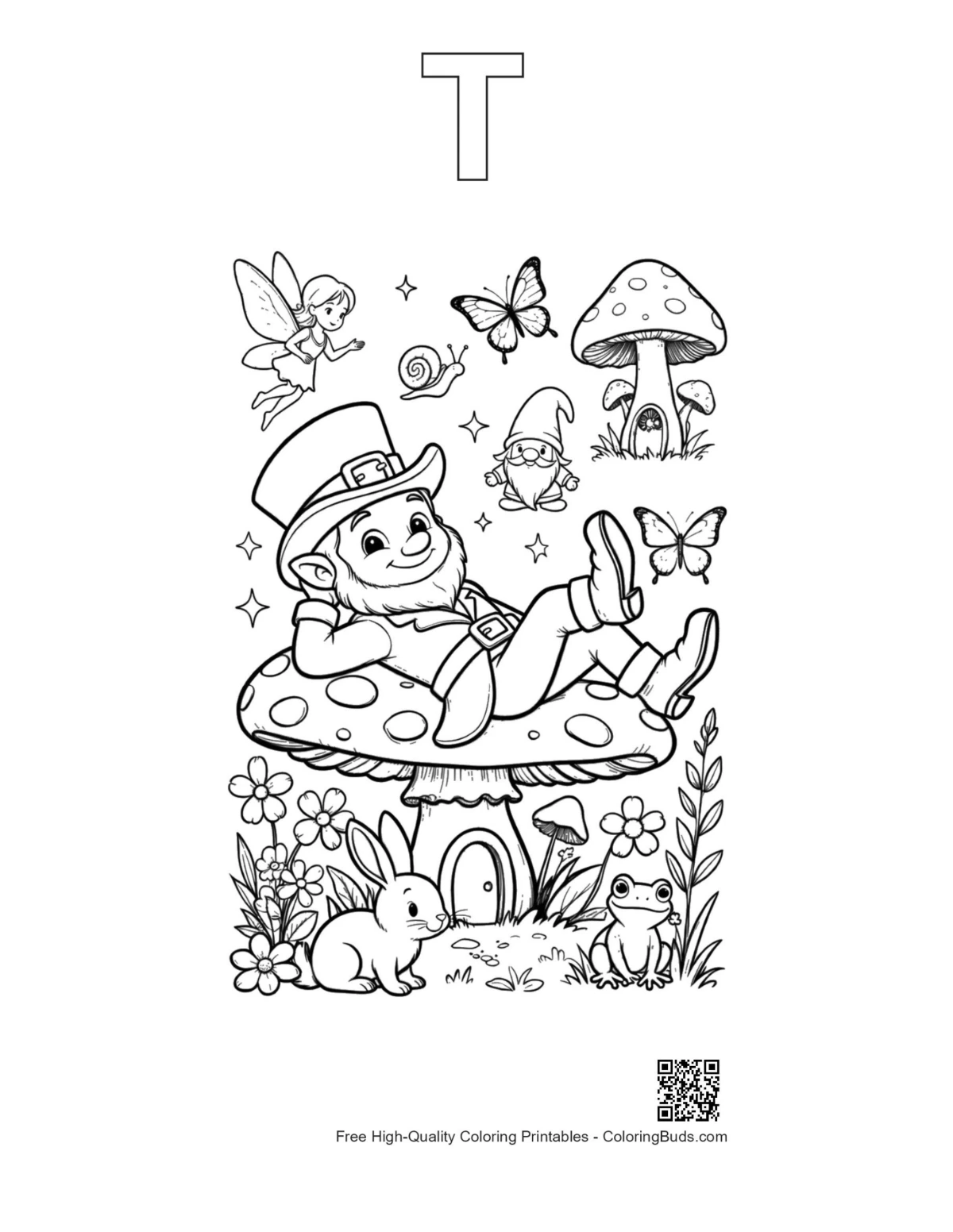 Leprechaun outline with alphabet T printable