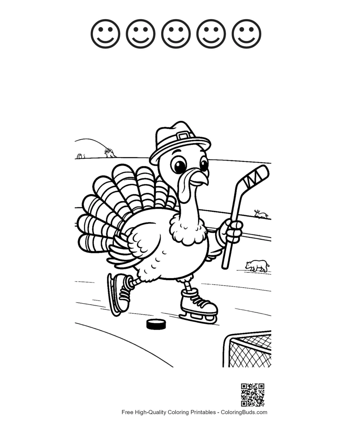 Turkey ice hockey with 5 happy face outlines printable