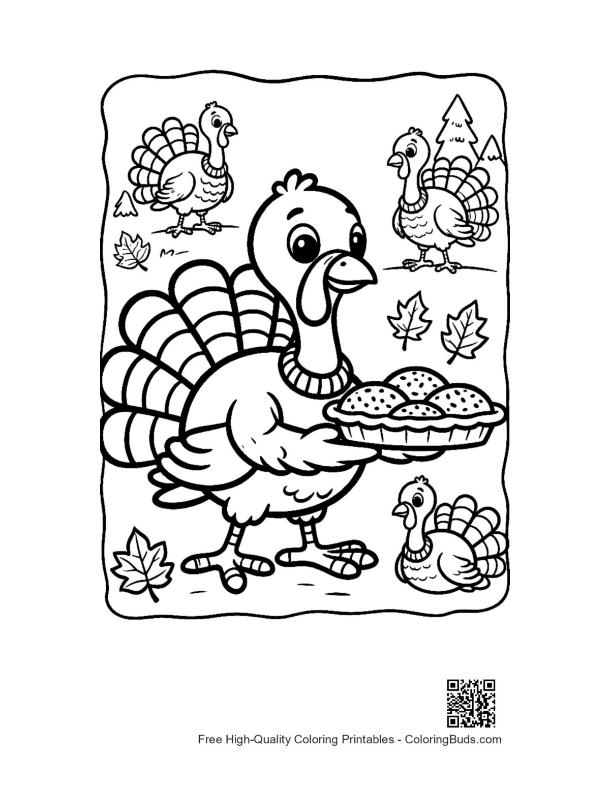 Cartoon turkey serving harvest fruit pie printable