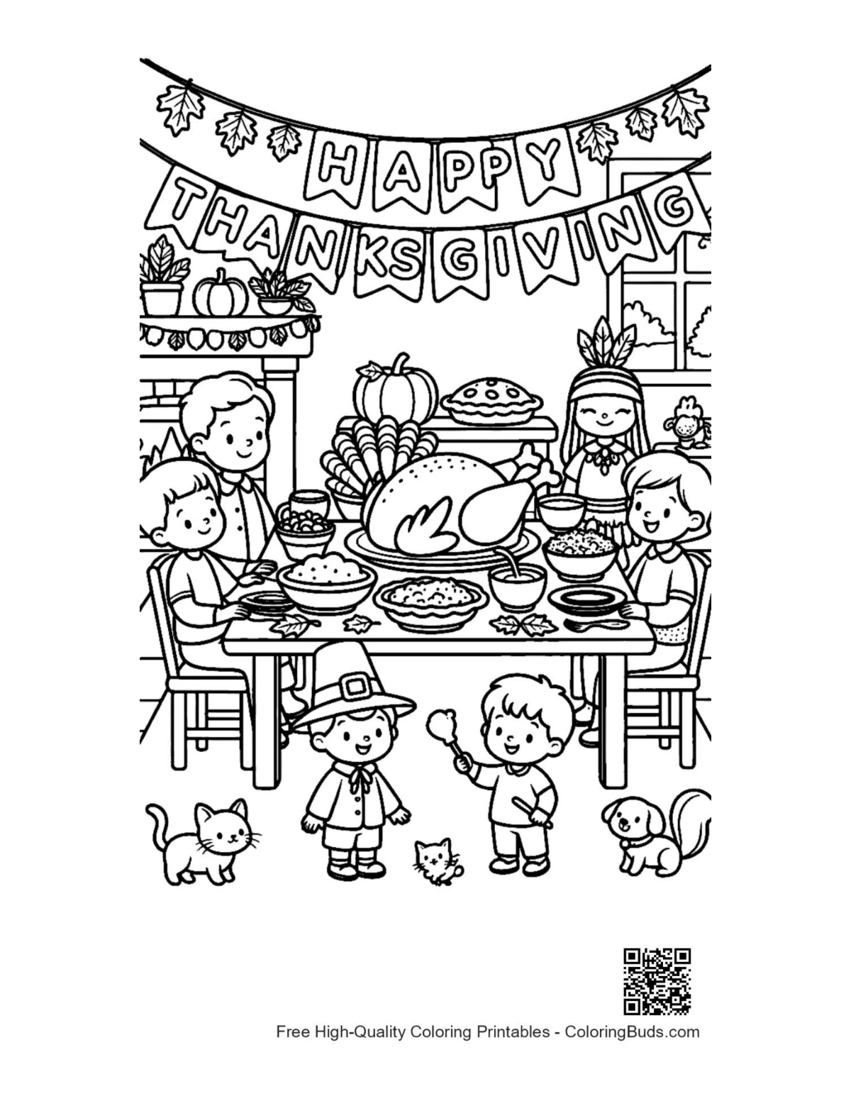 Cheerful Thanksgiving turkey dinner printable coloring page