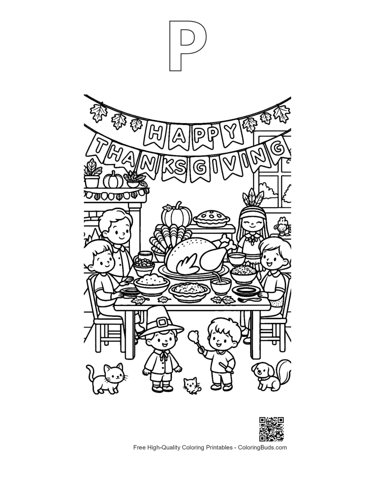 Thanksgiving turkey outline alphabet P coloring printable
