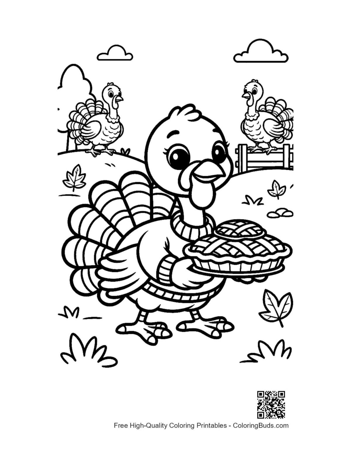 Cheerful turkey holding hot Thanksgiving pie coloring page