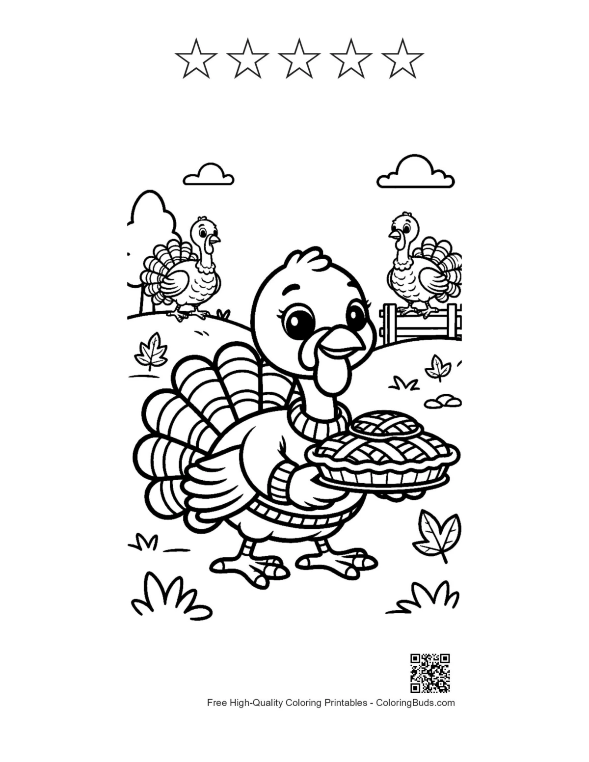 Cheerful turkey pie with 5 star outline printable