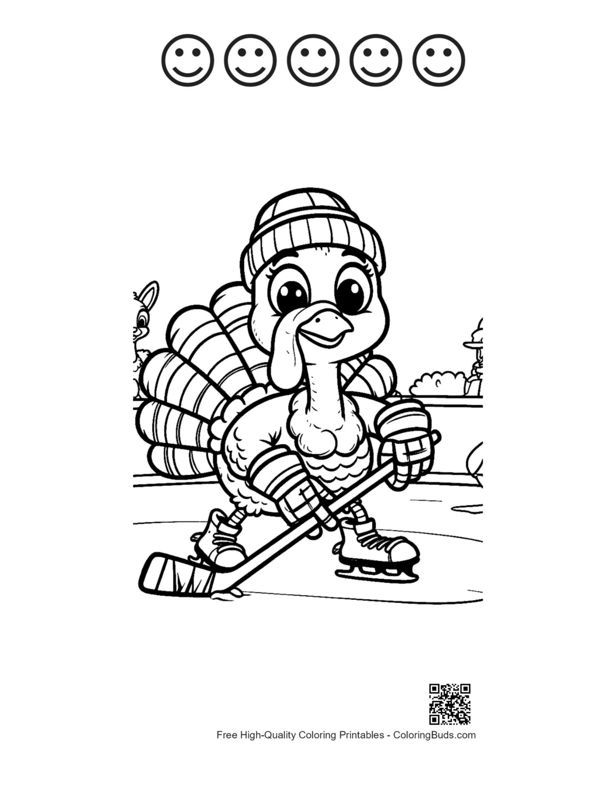 Turkey coloring page with 5 happy faces