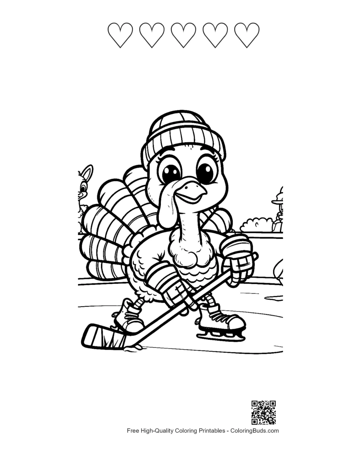 Cute turkey with 5 hearts coloring printable