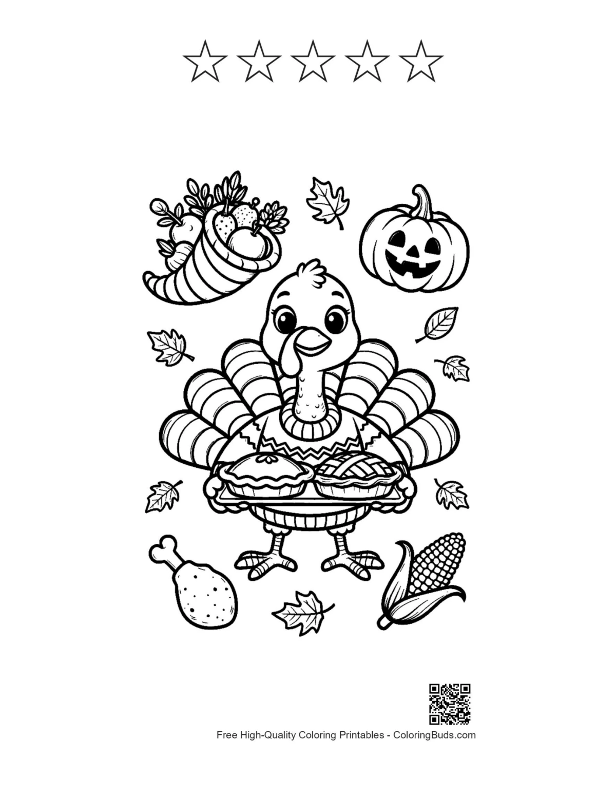 Cute turkey with 5 star outline printable
