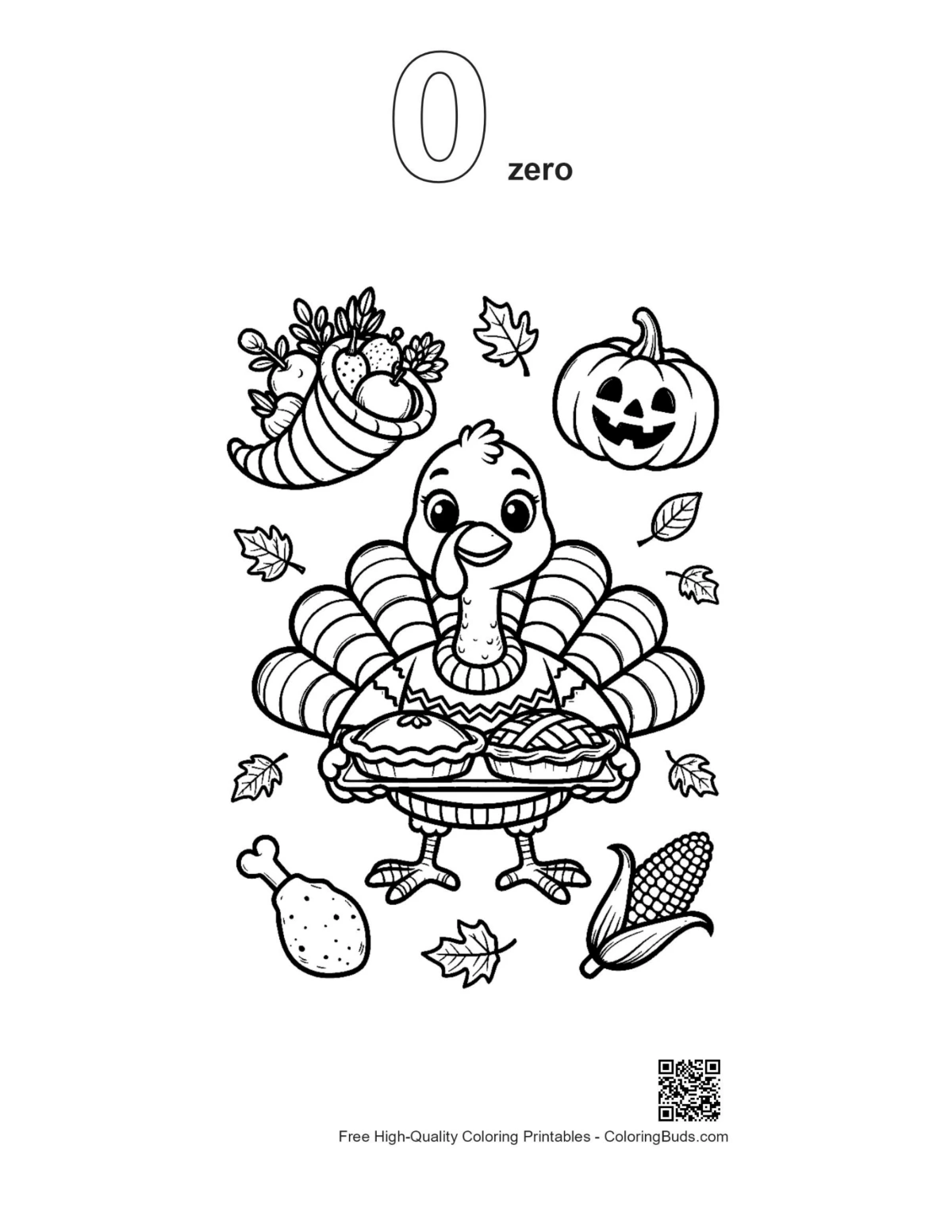 Cute turkey printable number 0 outline
