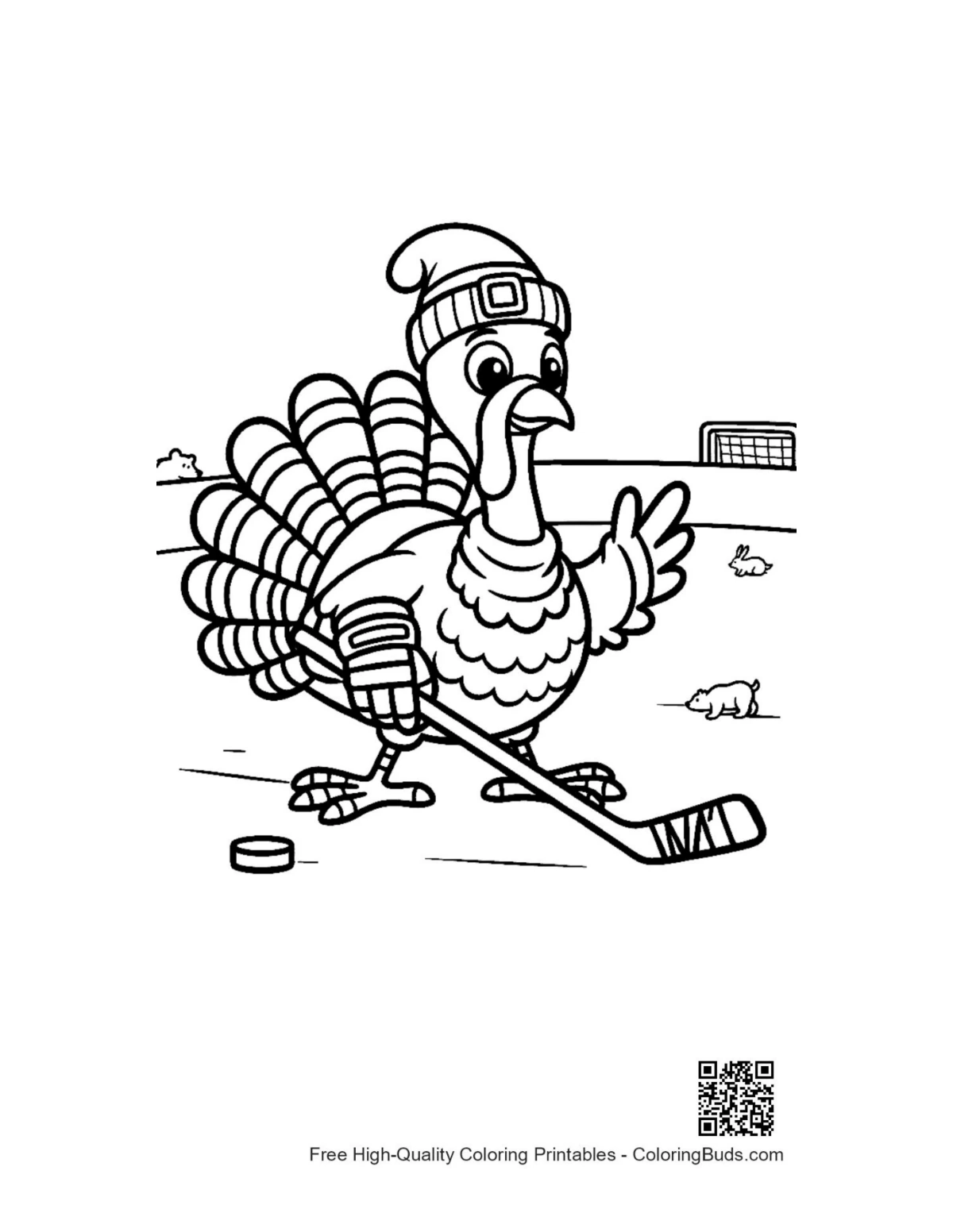 Determined turkey hockey player printable coloring page
