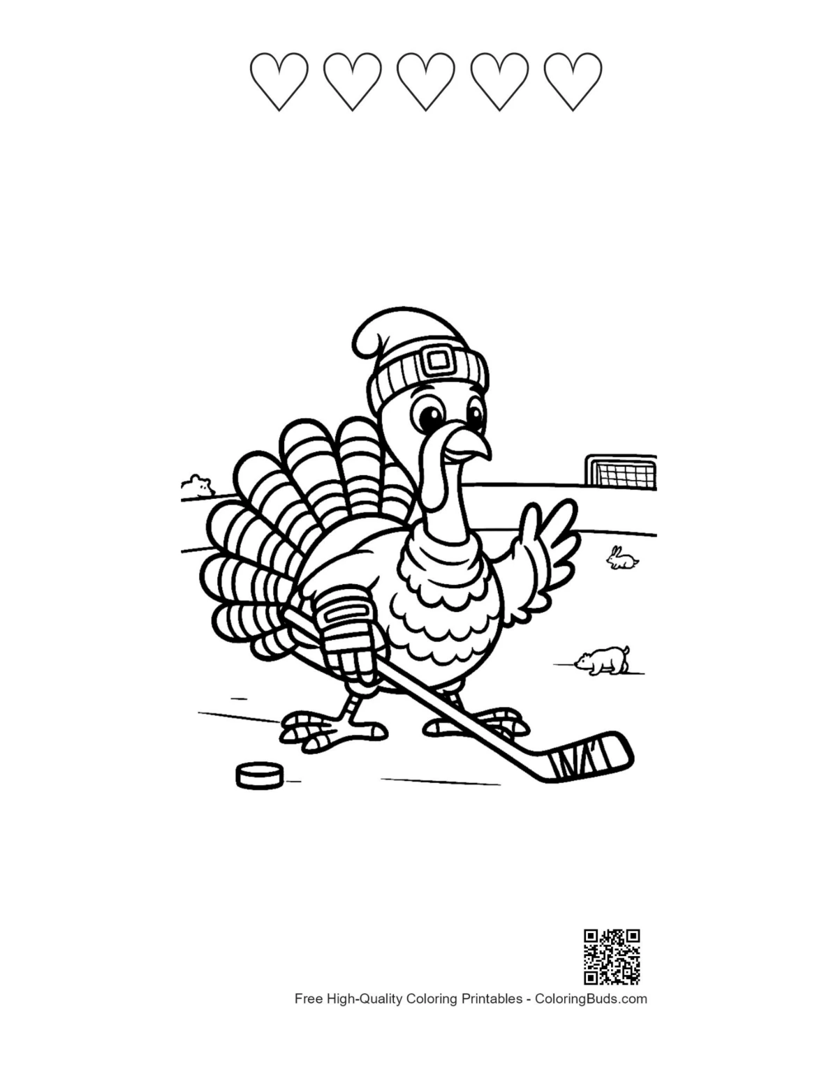 Turkey hockey player with 5 heart outlines printable