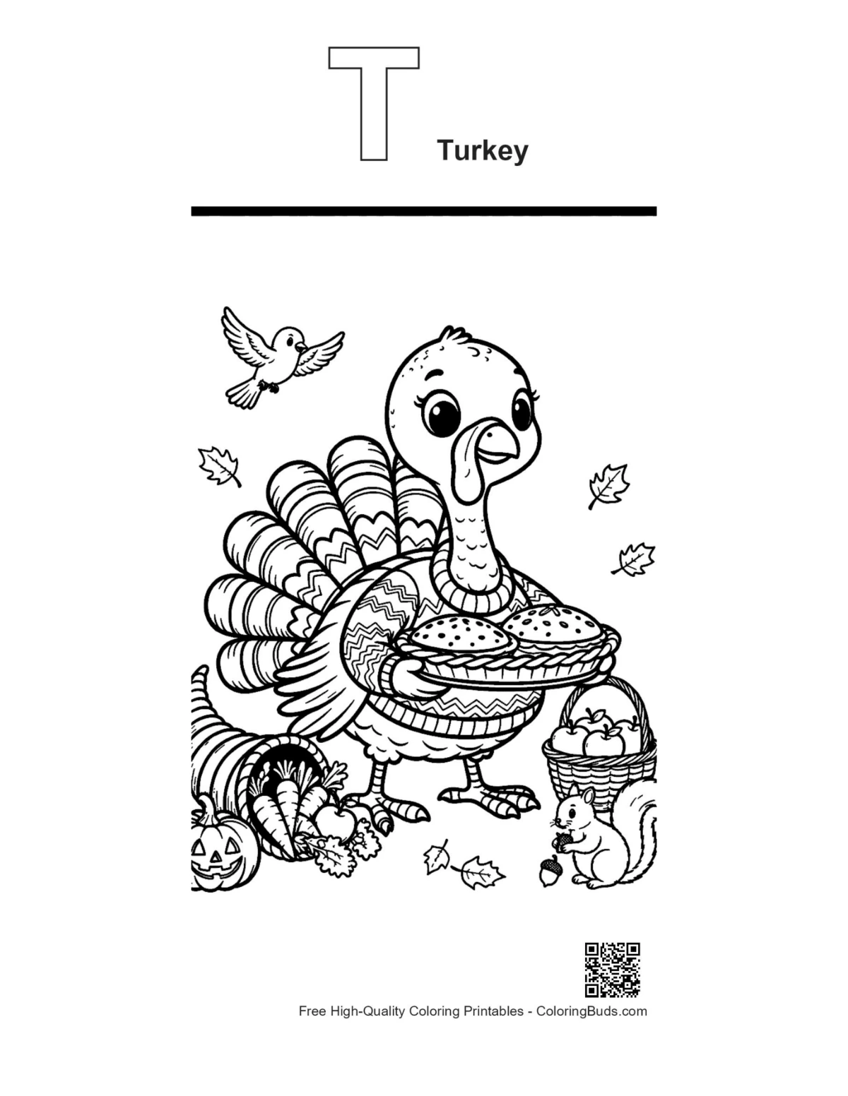 Easy turkey printable outline with alphabet T turkey design