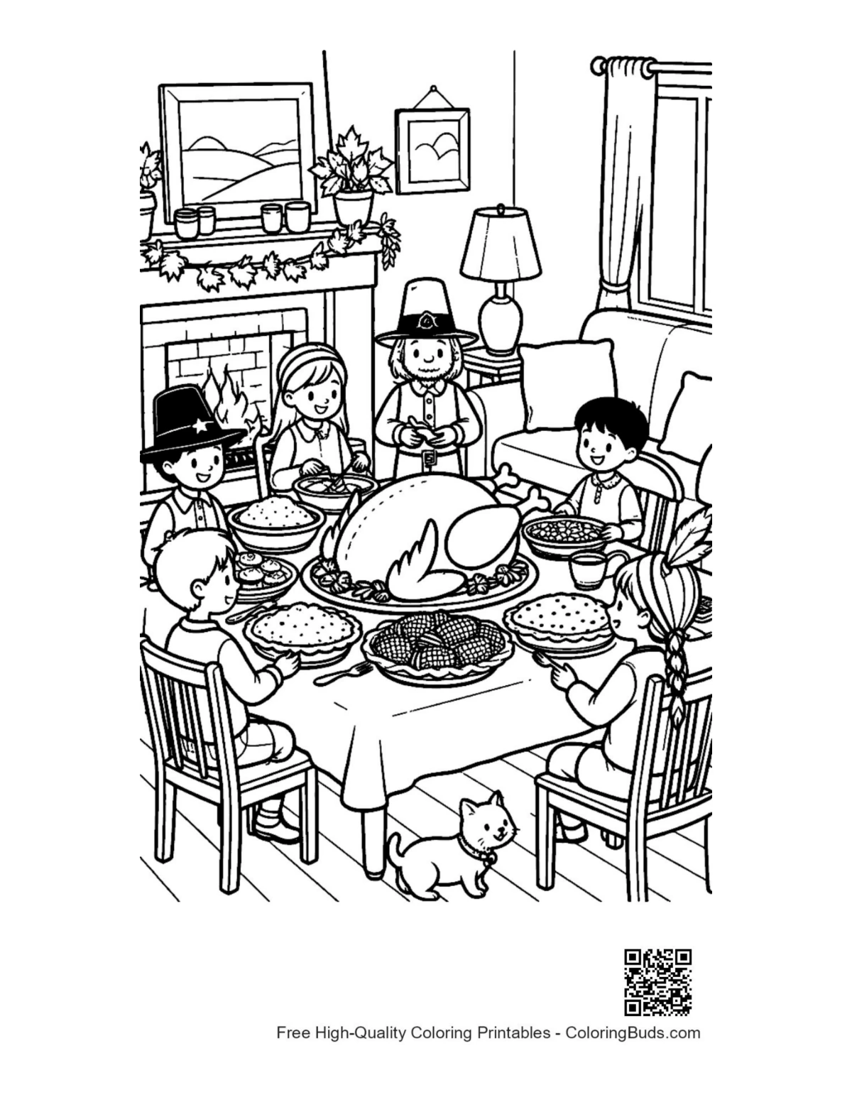 Family around roasted Thanksgiving turkey coloring page