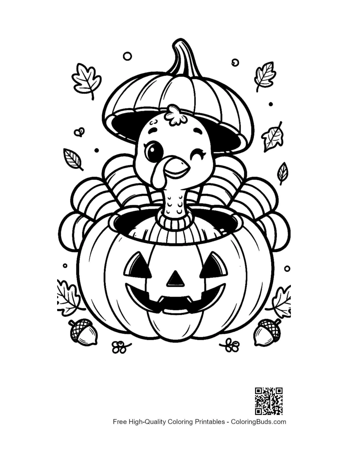 Playful turkey pumpkin hat coloring page printable