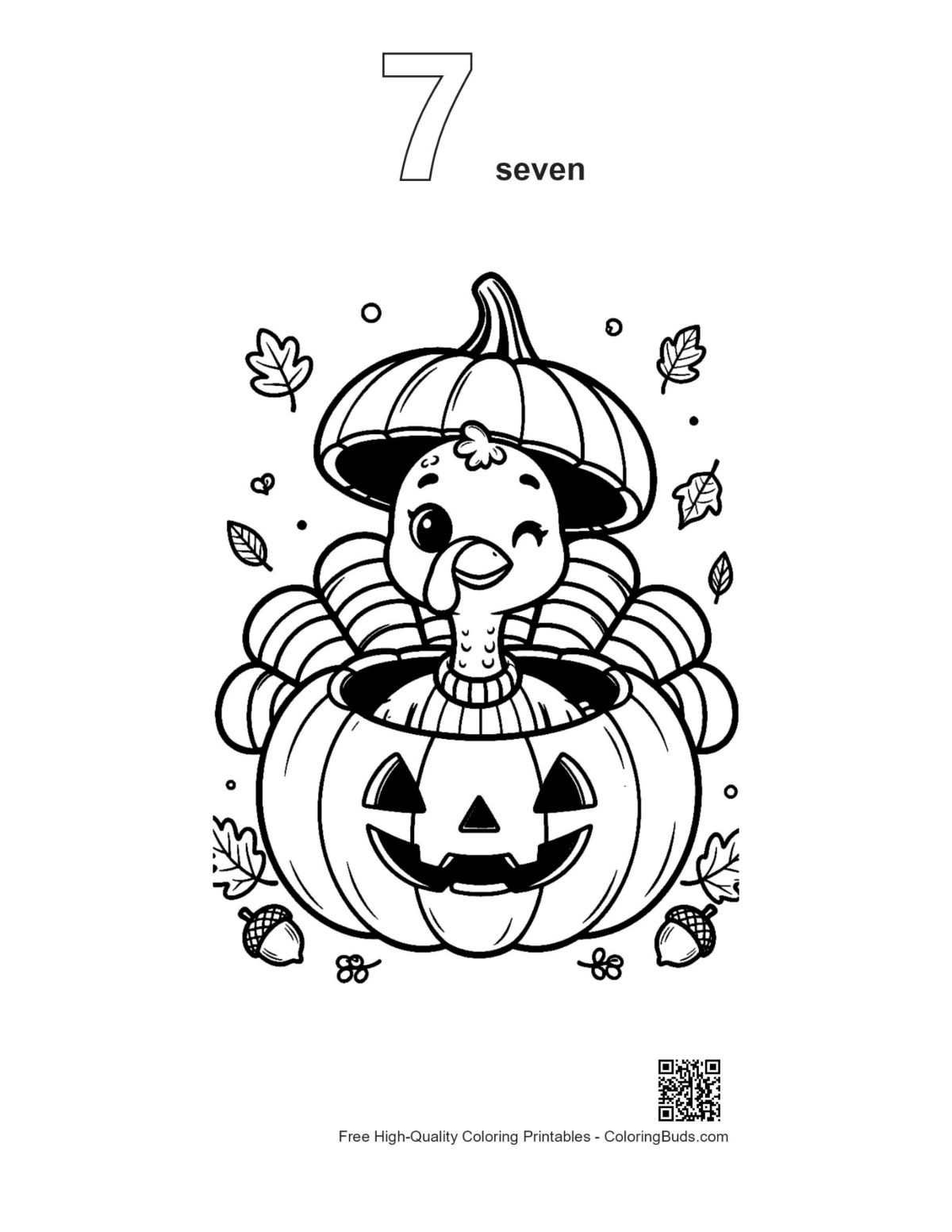 Playful turkey pumpkin hat outline number 7 printable